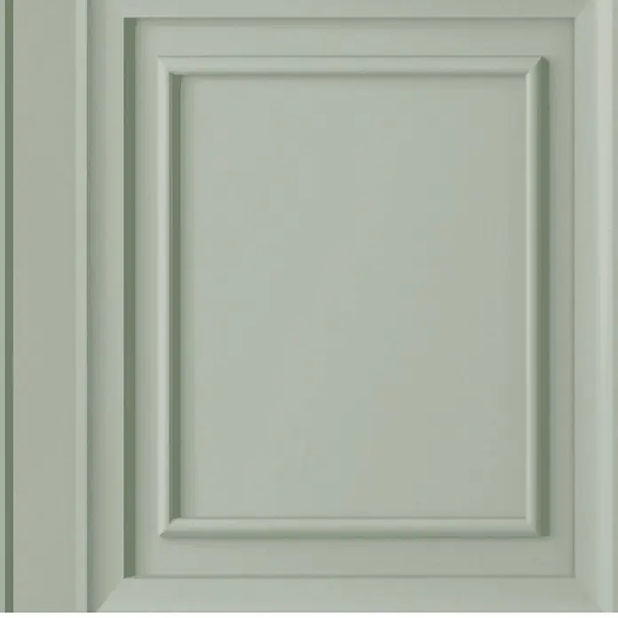 Laura Ashley Vliestapete Redbrook Holzplatte - Salbeigrün, Holzoptik, 1.000 x 52 cm - Hellgrüne Vertäfelung mit erhabener rechteckiger und linearer Zierleiste.