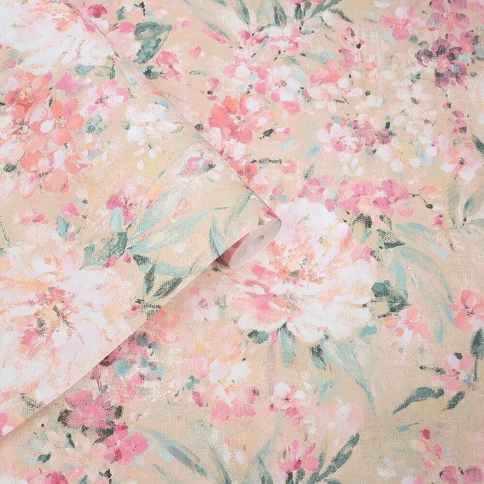Laura Ashley Vliestapete Gemalte Blumen - Rosa, Floral, 1.000 x 52 cm - Blumenmustertapete auf Rolle mit rosa, pfirsichfarbenen und blauen Blüten auf hellem Beige.