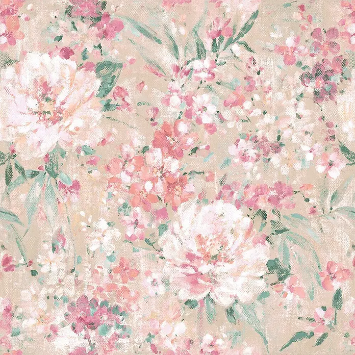 Laura Ashley Vliestapete Gemalte Blumen - Rosa, Floral, 1.000 x 52 cm - Nahtloses, gemaltes Blumenmuster mit rosa, weißen und grünen Blüten auf beigem Hintergrund.