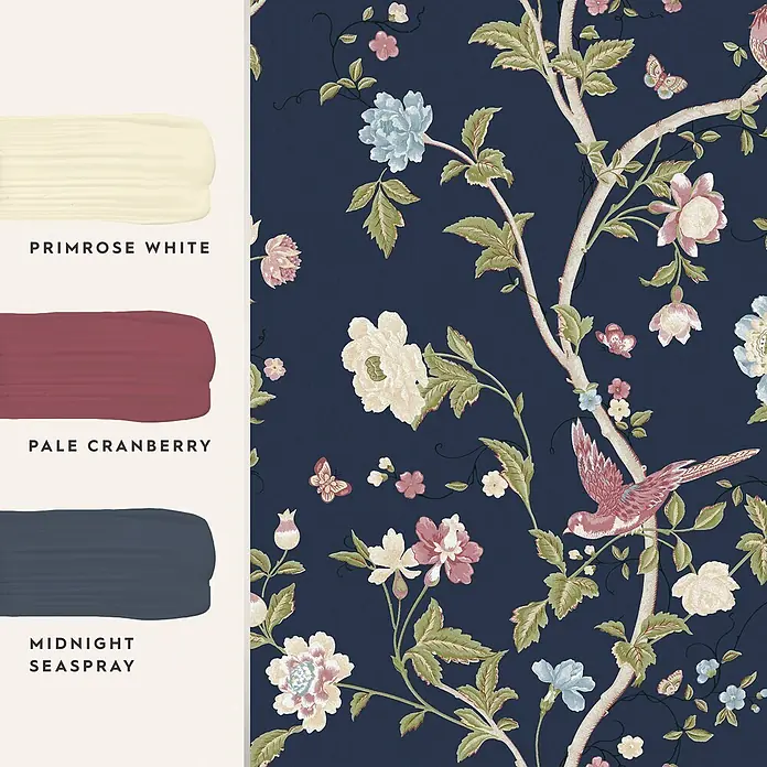 Laura Ashley Vliestapete Sommerpalast - Blau, Floral, 1.000 x 52 cm - Dunkelblaue Tapete mit Blumen- und Vogelmuster, dazu passende Farbmuster: Primrose White, Pale Cranberry, Midnight Seaspray.
