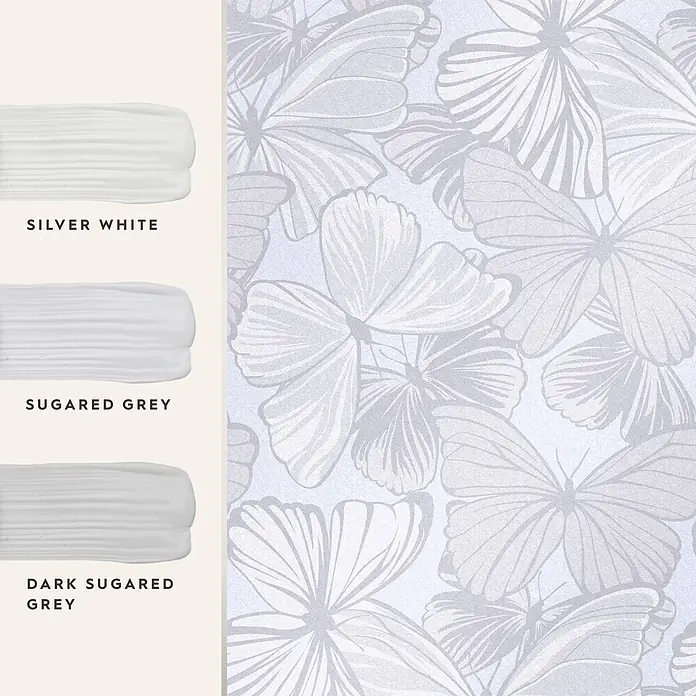 Laura Ashley Vliestapete Schmetterling Garten - Grau, Tieroptik, 1.000 x 52 cm - Drei graue Farbmuster: Silberweiß, Sugared Grey, Dark Sugared Grey, neben einer hellgrauen Schmetterlingstapete.
