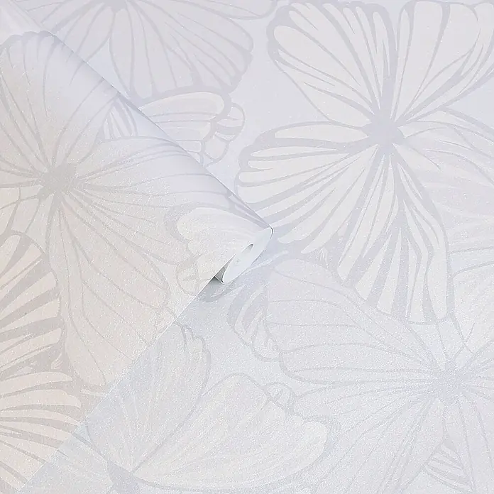 Laura Ashley Vliestapete Schmetterling Garten - Grau, Tieroptik, 1.000 x 52 cm - Weiße strukturierte Tapetenrolle mit hellgrauem Blumenmuster, teilweise abgerollt.