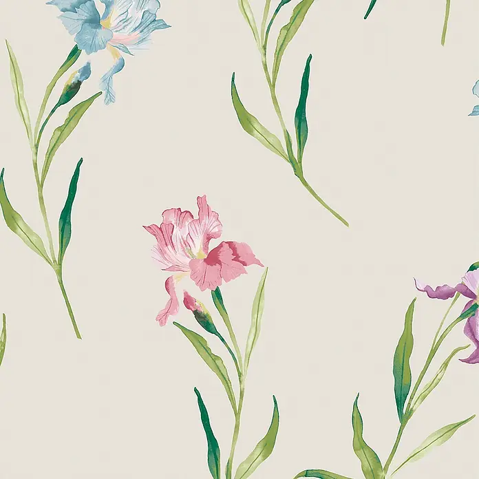 Laura Ashley Vliestapete Irisblüten - Naturbelassen, Floral, 1.000 x 52 cm - Nahtloses Aquarellmuster mit blauen, rosa und lila Schwertlilienblüten sowie grünen Stielen und Blättern.
