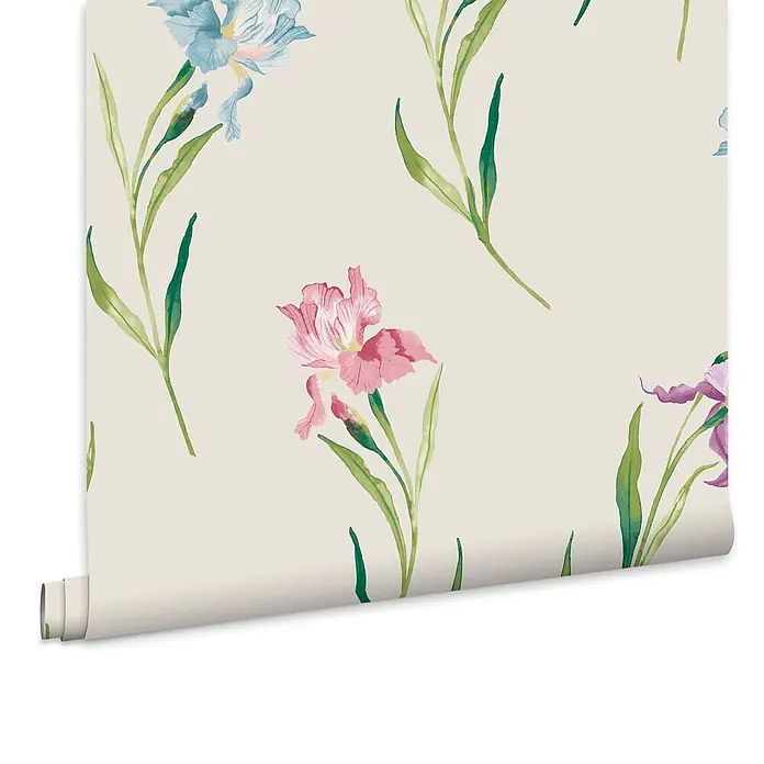 Laura Ashley Vliestapete Irisblüten - Naturbelassen, Floral, 1.000 x 52 cm - Abgerollte Tapete mit Aquarell-Iris in Blau, Rosa und Lila.