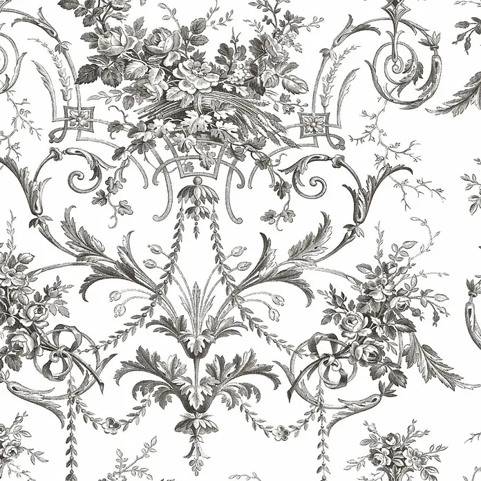 Laura Ashley Vliestapete Tuileries Französisch - Grau, Floral, 1.000 x 52 cm - Detailreiches schwarz-weißes Rapportmuster mit Blumensträußen, Rosen und barockem Rankenwerk. Klassisches Toile-Design.