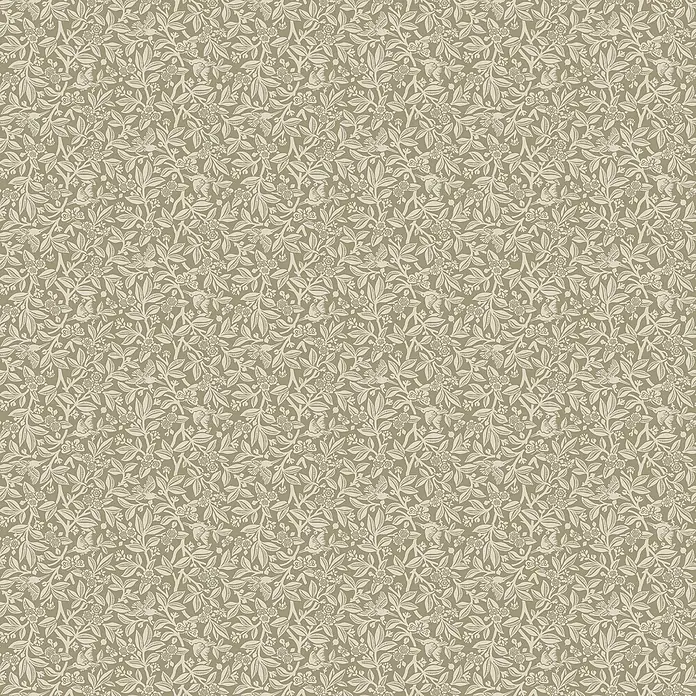 Laura Ashley Vliestapete Eichenblätter - Braun, Tieroptik, 1.000 x 52 cm - Nahtloses salbeigrünes Muster mit hellcremefarbenen Vögeln, Blumen und Blättern.