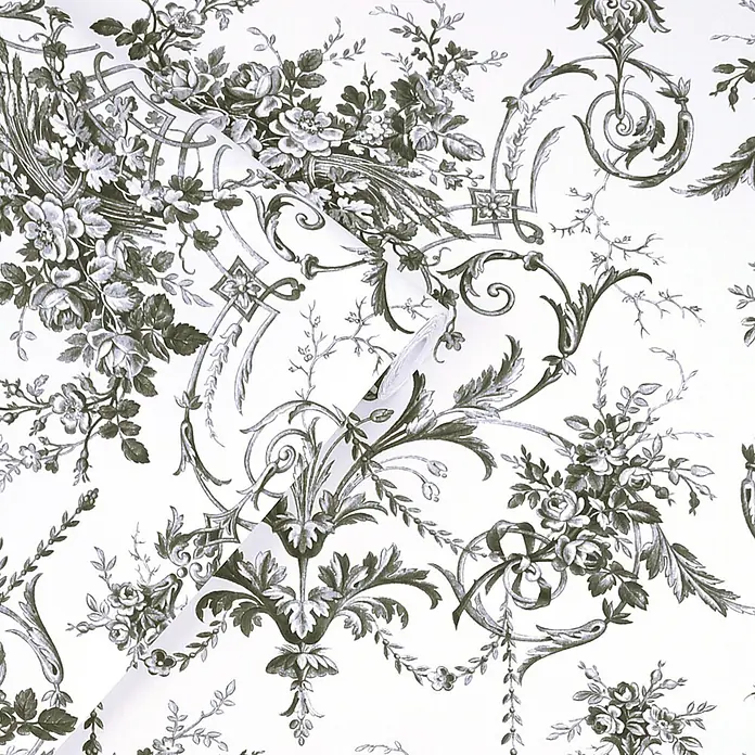 Laura Ashley Vliestapete Tuileries Französisch - Grau, Floral, 1.000 x 52 cm - Graugrünes Rokoko-Blumenmuster auf weißer Tapete, mit leichter Falte.