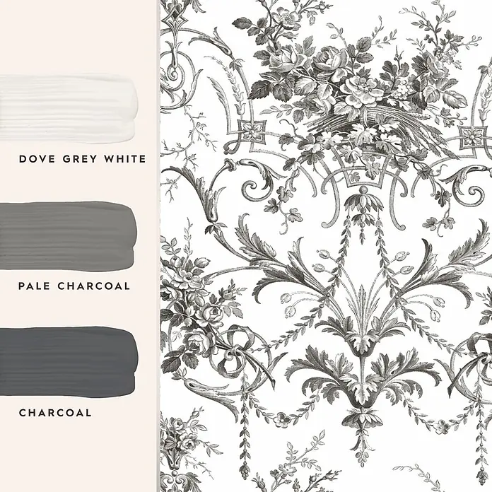 Laura Ashley Vliestapete Tuileries Französisch - Grau, Floral, 1.000 x 52 cm - Schwarz-weißes Blumen- und Rankentapetenmuster mit drei grauen Farbpaletten: Dove Grey White, Pale Charcoal, Charcoal.