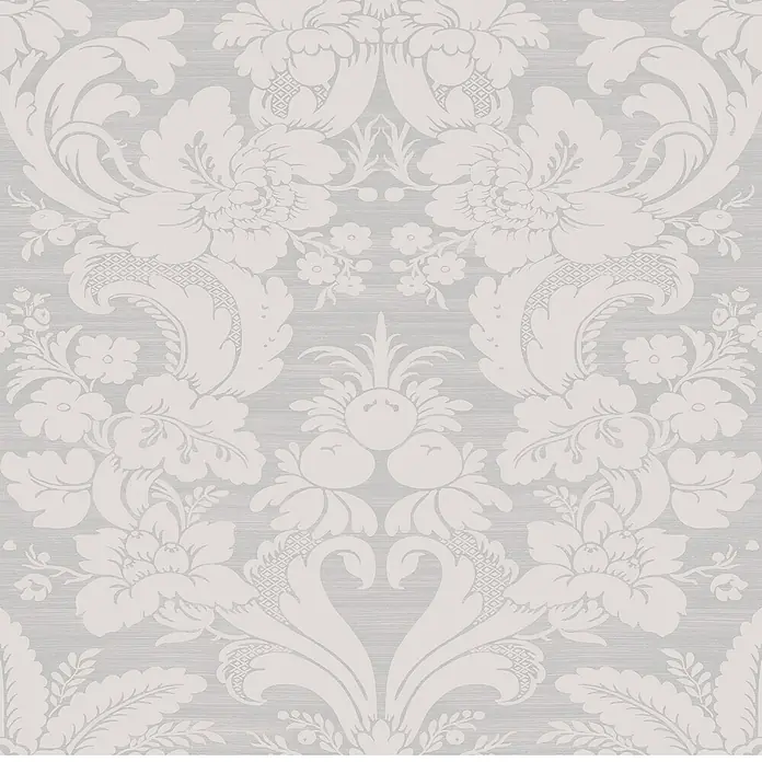 Laura Ashley Vliestapete Martigues Damast - Grau/Weiß, Floral, 1.000 x 52 cm - Hellgraue Tapete mit elegantem weißem Damast-Blumen- und Blättermuster.