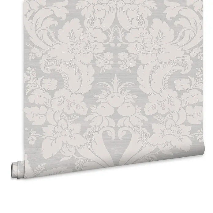 Laura Ashley Vliestapete Martigues Damast - Grau/Weiß, Floral, 1.000 x 52 cm - Rolle hellgrauer Tapete mit einem cremeweißen floralen Damastmuster.