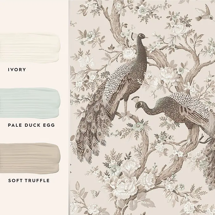 Laura Ashley Vliestapete Belvedere Pfau - Braun, Floral, 1.000 x 52 cm - Tapete mit Pfauen- und Blumenmuster in sanften Tönen, gezeigt mit passenden Farbmustern: Elfenbein, Hell Entenei und Sanfter Trüffel.