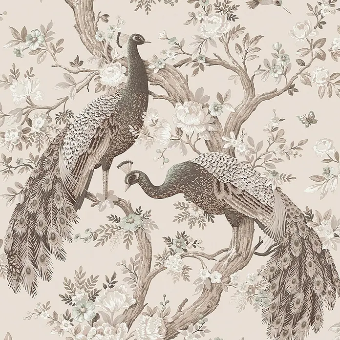 Laura Ashley Vliestapete Belvedere Pfau - Braun, Floral, 1.000 x 52 cm - Elegantes Tapetenmuster mit zwei Pfauen auf einem blühenden Ast, in gedeckten Braun-, Grün- und Cremetönen.