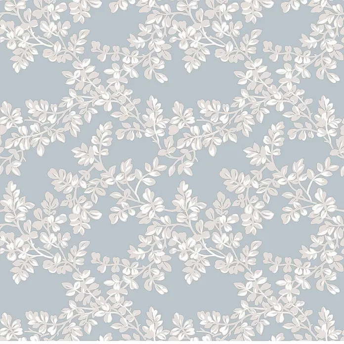 Laura Ashley Vliestapete Vliestapete Burnham - Hellblau, Floral - Nahtloses Muster aus hellbeigen und weißen Blättern auf hellblauem Hintergrund.