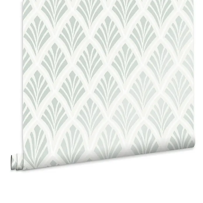 Laura Ashley Vliestapete Vliestapete Florin Art Deco - Blau, Floral, 10 x 0,52 m - Tapetenrolle mit hellgrünem und weißem Art Deco Fächermuster.