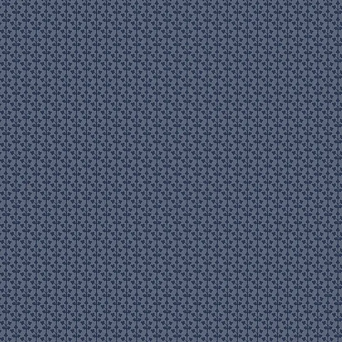 Laura Ashley Vliestapete Seaham - Blau, Grafisch, 1.000 x 52 cm - Dunkelblaues Muster aus vertikalen Ranken mit herzförmigen Blättern auf strukturiertem blauem Hintergrund.