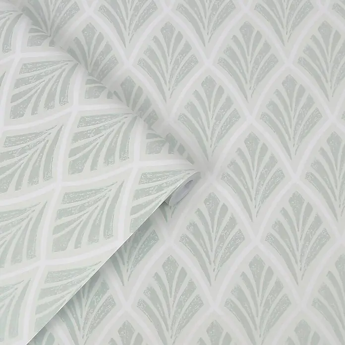 Laura Ashley Vliestapete Vliestapete Florin Art Deco - Blau, Floral, 10 x 0,52 m - Helle salbeigrüne Tapete mit strukturiertem Art Deco Fächermuster.