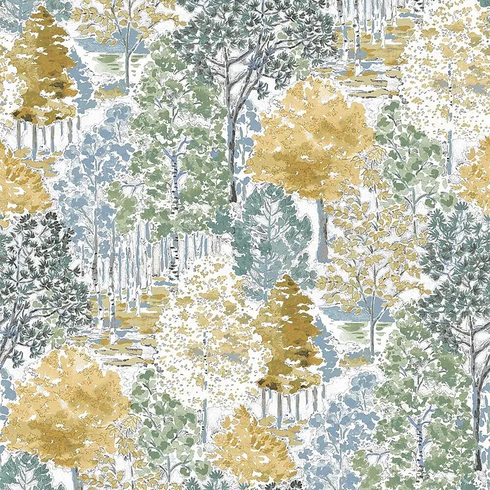 Laura Ashley Vliestapete Bernwood - Gelb, Floral, 1.000 x 52 cm - Nahtloses Aquarellmuster mit Bäumen in Grün-, Blau- und Goldtönen, das eine Waldszene darstellt.