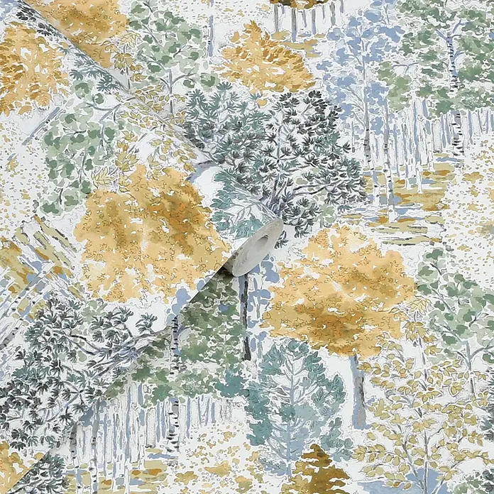Laura Ashley Vliestapete Bernwood - Gelb, Floral, 1.000 x 52 cm - Tapetenrolle mit Aquarell-Waldmuster in Grün-, Blau- und Goldtönen.