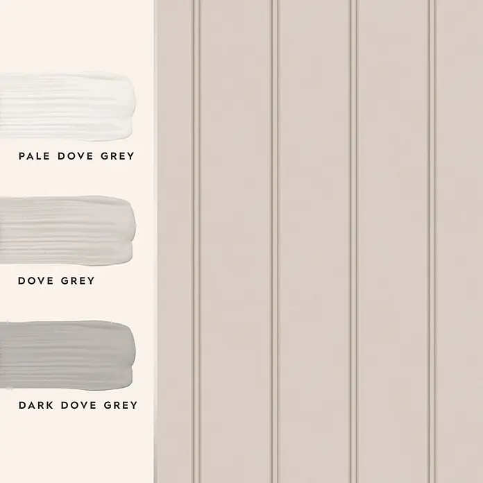 Holzvertäfelung -  - Farbproben Pale Dove Grey, Dove Grey und Dark Dove Grey neben einer hellbeigen Vertäfelung.