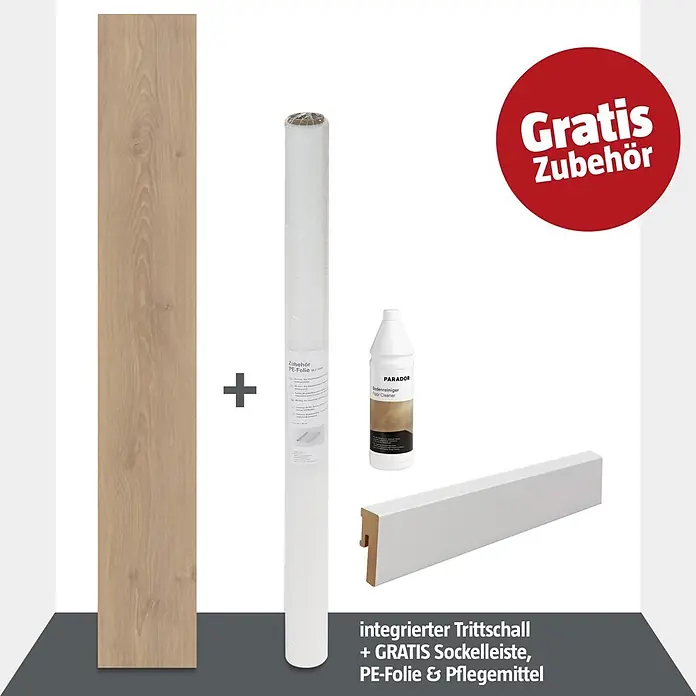 Parador Vinylboden Trendtime 6 - Eiche Natural Mix Grau, Schlossdiele, 2.200 x 216 x 9,6 mm - Heller Holzfußboden mit PE-Folie, Bodenreiniger und weißer Sockelleiste.