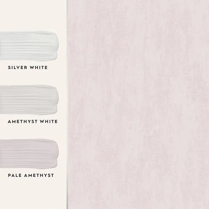 Laura Ashley Vliestapete Vliestapete Whinfell - Rosa, Uni - Farbpalette mit Farbmustern Silver White, Amethyst White und Pale Amethyst, plus große texturierte helllila Fläche.