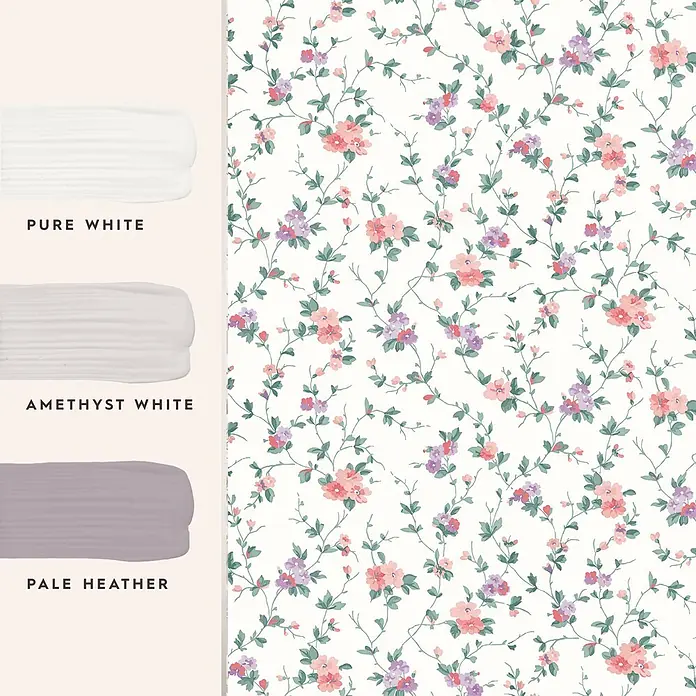 Laura Ashley Vliestapete Vliestapete Priorat - Rosa, Floral, 10 x 0,52 m - Florales Tapetenmuster mit rosa und lila Blüten, grünen Ranken und passenden Farbmusterkarten.