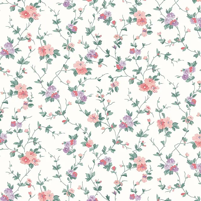 Laura Ashley Vliestapete Vliestapete Priorat - Rosa, Floral, 10 x 0,52 m - Zartes Blumenmuster mit rosa und lila Blüten und grünen Blättern an Ranken.