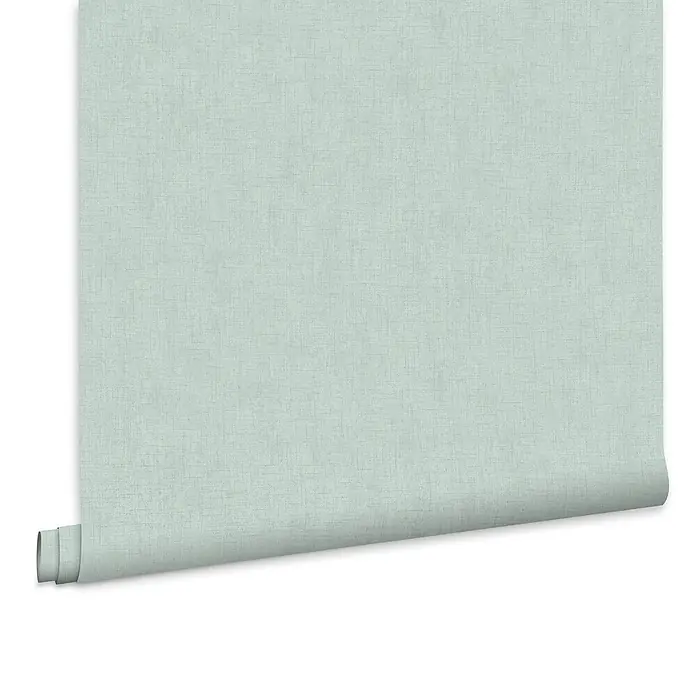 Laura Ashley Vliestapete Vliestapete Einfarbig - Blau, Uni, 10 x 0,52 m - Teilweise ausgerollte Rolle hellblaugrüner strukturierter Tapete.