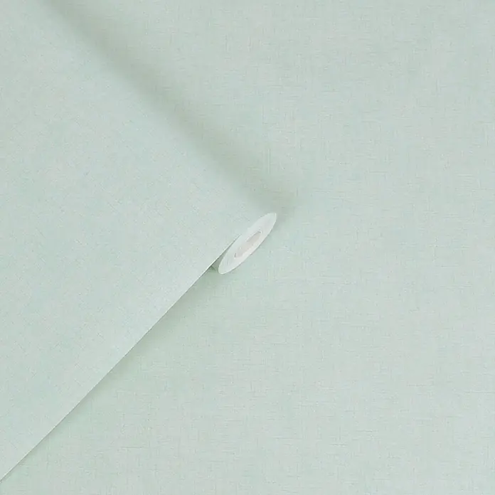 Laura Ashley Vliestapete Vliestapete Einfarbig - Blau, Uni, 10 x 0,52 m - Eine teilweise abgerollte Rolle hellgrüner Tapete mit subtiler Leinenstruktur.