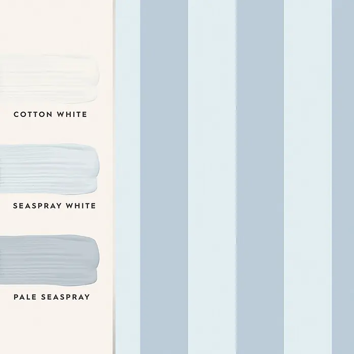Laura Ashley Vliestapete Lille Streifen - Blau, Streifen, 1.000 x 52 cm - Farbproben: Cotton White, Seaspray White, Pale Seaspray, neben einem hellblauen Streifenmuster.