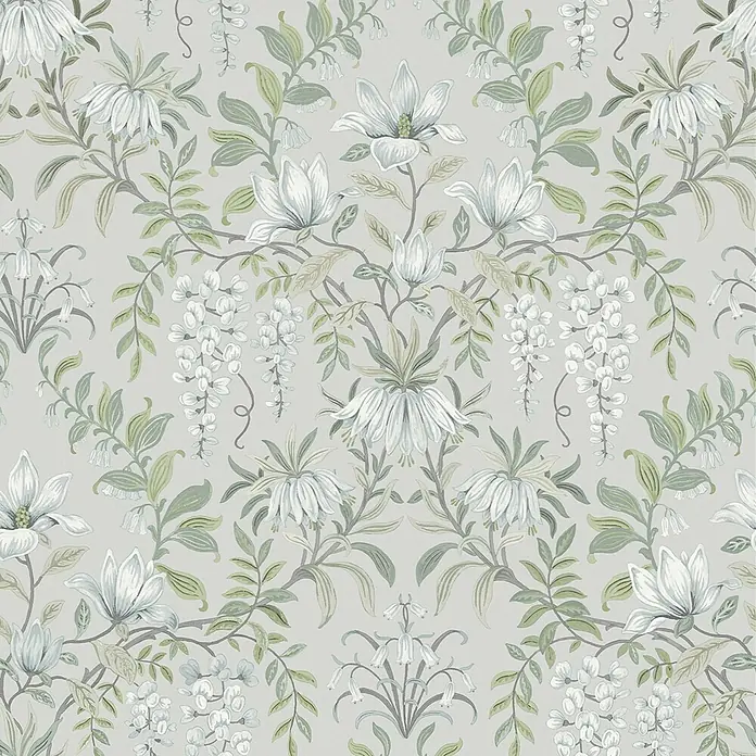 Laura Ashley Vliestapete Vintage Blumen - Salbeigrün, Floral, 1.000 x 52 cm - Symmetrisches Blumenmuster mit weißen Magnolien, Glyzinien und anderen Blüten sowie grünen Blättern.