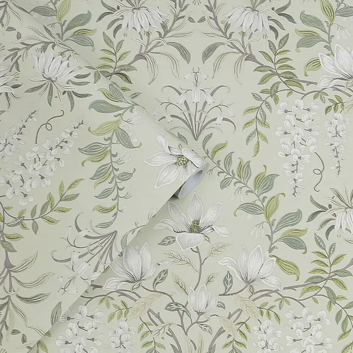 Laura Ashley Vliestapete Vintage Blumen - Salbeigrün, Floral, 1.000 x 52 cm