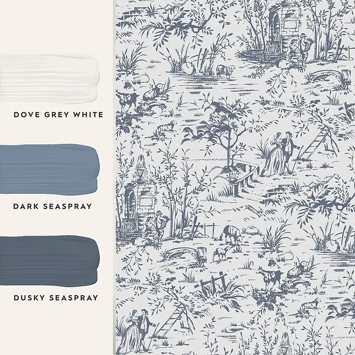 Laura Ashley Vliestapete Vliestapete Toile de Jouy - Blau, Ornament - Drei Farbmuster (Dove Grey White, Dark Seaspray, Dusky Seaspray) und eine blau-weiße Toile-Tapete.
