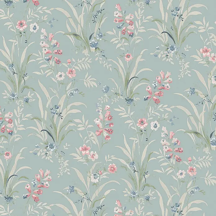 Laura Ashley Vliestapete Mosedale Posy - Blau, Floral, 1.000 x 52 cm - Florales Tapetenmuster auf hellblau-grünem Grund mit beigem Laub und rosa und blauen Blüten.