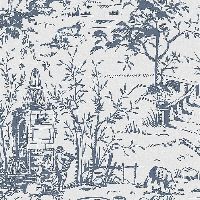 Laura Ashley Vliestapete Toile de Jouy - Blau, Floral, 1.000 x 52 cm - Blaues Toile-de-Jouy-Muster mit pastoralen Szenen, Figuren und Tieren.