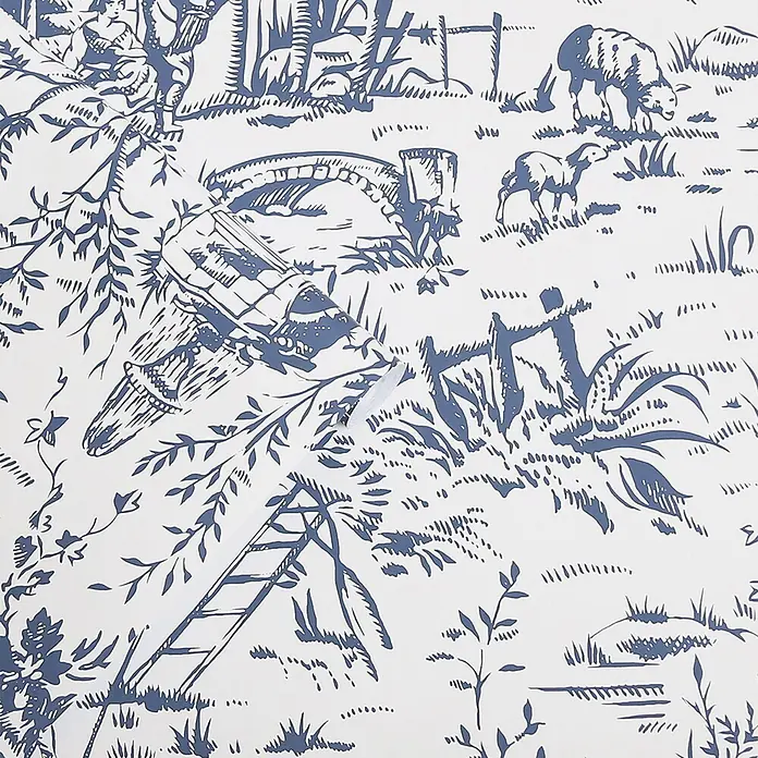 Laura Ashley Vliestapete Vliestapete Toile de Jouy - Blau, Ornament - Blau-weißes Toile-Tapetenmuster mit einer pastoralen Szene, Schafen, Bäumen und einer Brücke.