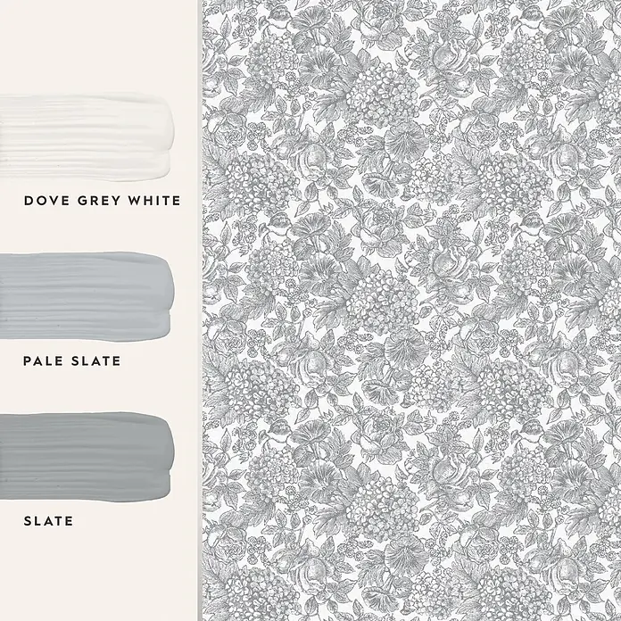 Laura Ashley Vliestapete blühende Hortensie - Grau, Floral, 1.000 x 52 cm - Drei Farbmuster (Dove Grey White, Pale Slate, Slate) mit passender grau geblümter Tapete.