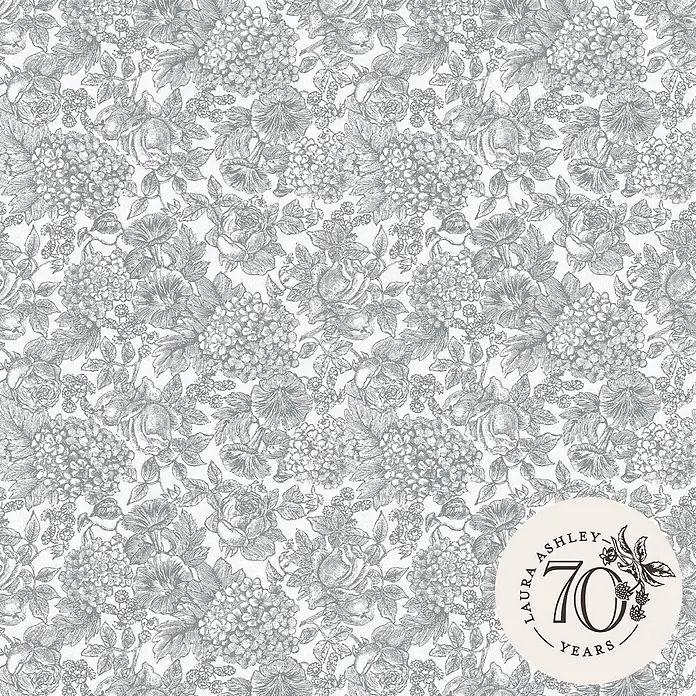 Laura Ashley Vliestapete blühende Hortensie - Grau, Floral, 1.000 x 52 cm - Grau-weißes Vintage-Blumenmuster mit Rosen und Hortensien.
