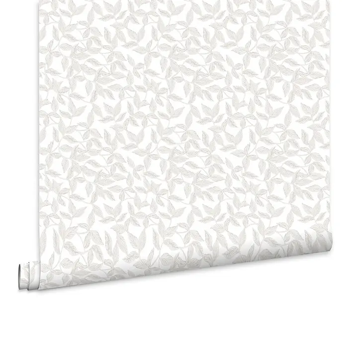 Laura Ashley Vliestapete Erwood - Grau, Floral, 1.000 x 52 cm - Tapetenrolle mit hellem beigem Blattmuster, teilweise abgerollt.
