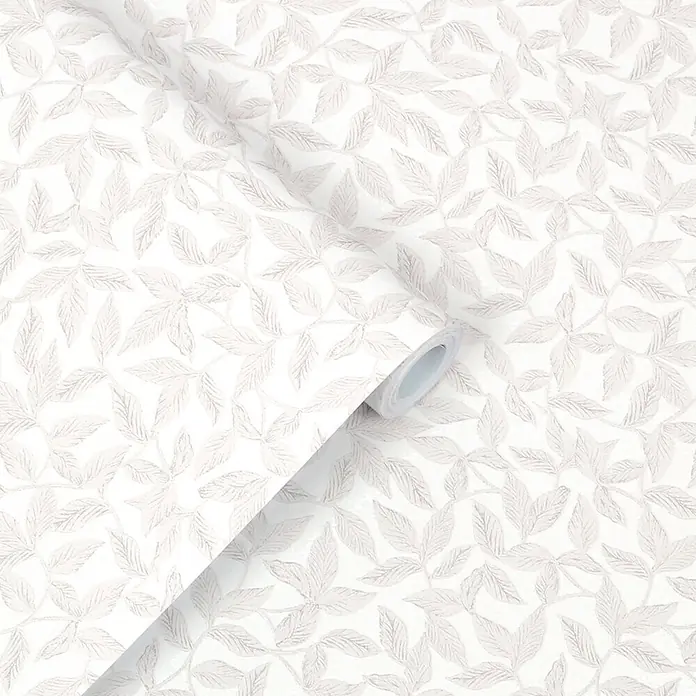 Laura Ashley Vliestapete Erwood - Grau, Floral, 1.000 x 52 cm - Weiße Tapetenrolle mit dezentem, strukturiertem hellgrauem Blättermuster.