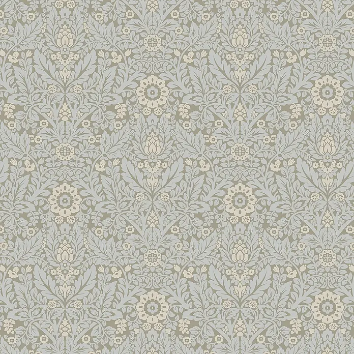 Laura Ashley Vliestapete Delamore Blumig - Grau, Floral, 1.000 x 52 cm - Nahtloses, sich wiederholendes florales Damastmuster in Hellgrau und Beige, geeignet für Tapeten oder Textilien.
