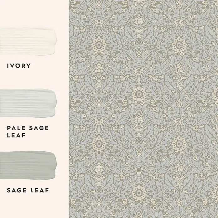 Laura Ashley Vliestapete Delamore Blumig - Grau, Floral, 1.000 x 52 cm - Blumentapete in gedecktem Blaugrau und Creme auf Taupe, mit Farbmustern: Ivory, Pale Sage Leaf und Sage Leaf.