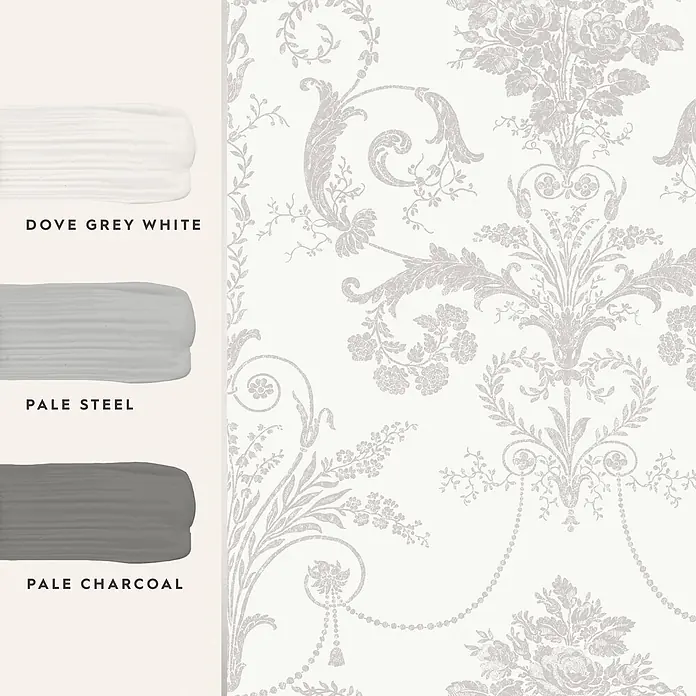 Laura Ashley Vliestapete Josette Damast - Hellgrau/Weiß, Ornament, 1.000 x 52 cm - Hellgraue florale Damast-Tapete mit passenden Farbmustern: Dove Grey White, Pale Steel und Pale Charcoal.