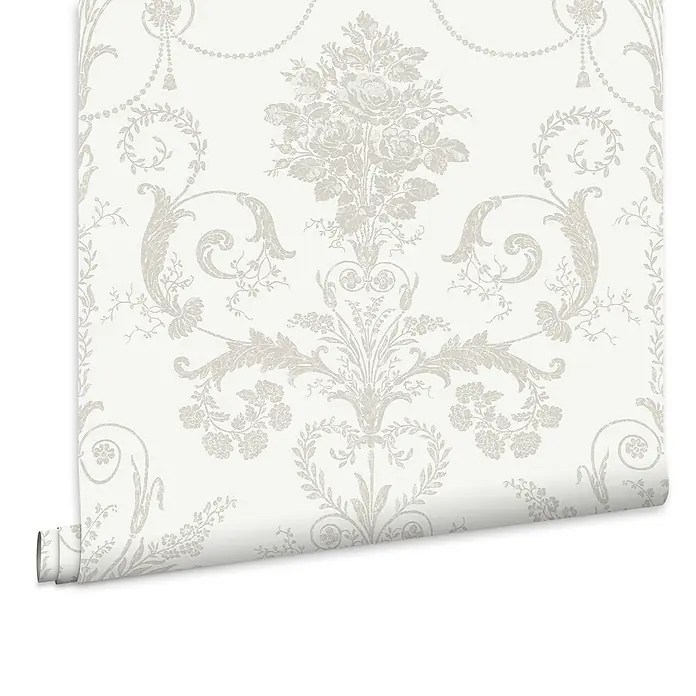 Laura Ashley Vliestapete Josette Damast - Hellgrau/Weiß, Ornament, 1.000 x 52 cm - Teilweise abgerollte, cremefarbene Tapete mit feinem beigem Blumen- und Damastmuster.