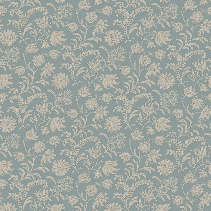 Laura Ashley Vliestapete Hemingway Blumen - Blau, Floral, 1.000 x 52 cm - Helles beiges florales nahtloses Muster auf hellblauem Hintergrund.