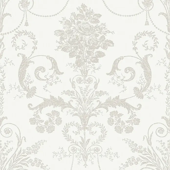 Laura Ashley Vliestapete Josette Damast - Hellgrau/Weiß, Ornament, 1.000 x 52 cm - Elegante cremefarbene Tapete mit subtilem hellgrauem Blumen-Damaszkmuster.