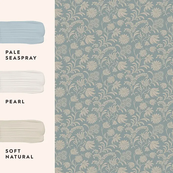 Laura Ashley Vliestapete Hemingway Blumen - Blau, Floral, 1.000 x 52 cm - Florale Tapete in Beige auf blau-grünem Grund, mit drei ergänzenden Farbmustern: hellblau, cremeweiß und hellbeige.