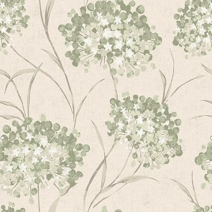 Laura Ashley Vliestapete Giselle Blumen - Grün, Floral, 1.000 x 52 cm - Texturierte Tapete mit hellgrünen und weißen Blumenclustern und zarten Stielen.