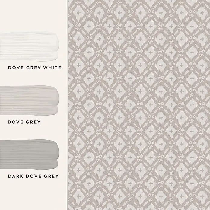Laura Ashley Vliestapete Whitebrook - Grau, Ornament, 1.000 x 52 cm - Farbmuster in Dove Grey White, Dove Grey, Dark Dove Grey, passend zu einer Ikat-Rautenmuster-Tapete.