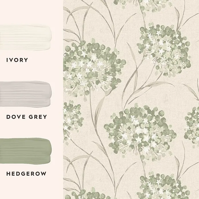 Laura Ashley Vliestapete Giselle Blumen - Grün, Floral, 1.000 x 52 cm - Florale Tapete mit grünen Blüten und passenden Farbmustern in Ivory, Dove Grey und Hedgerow.